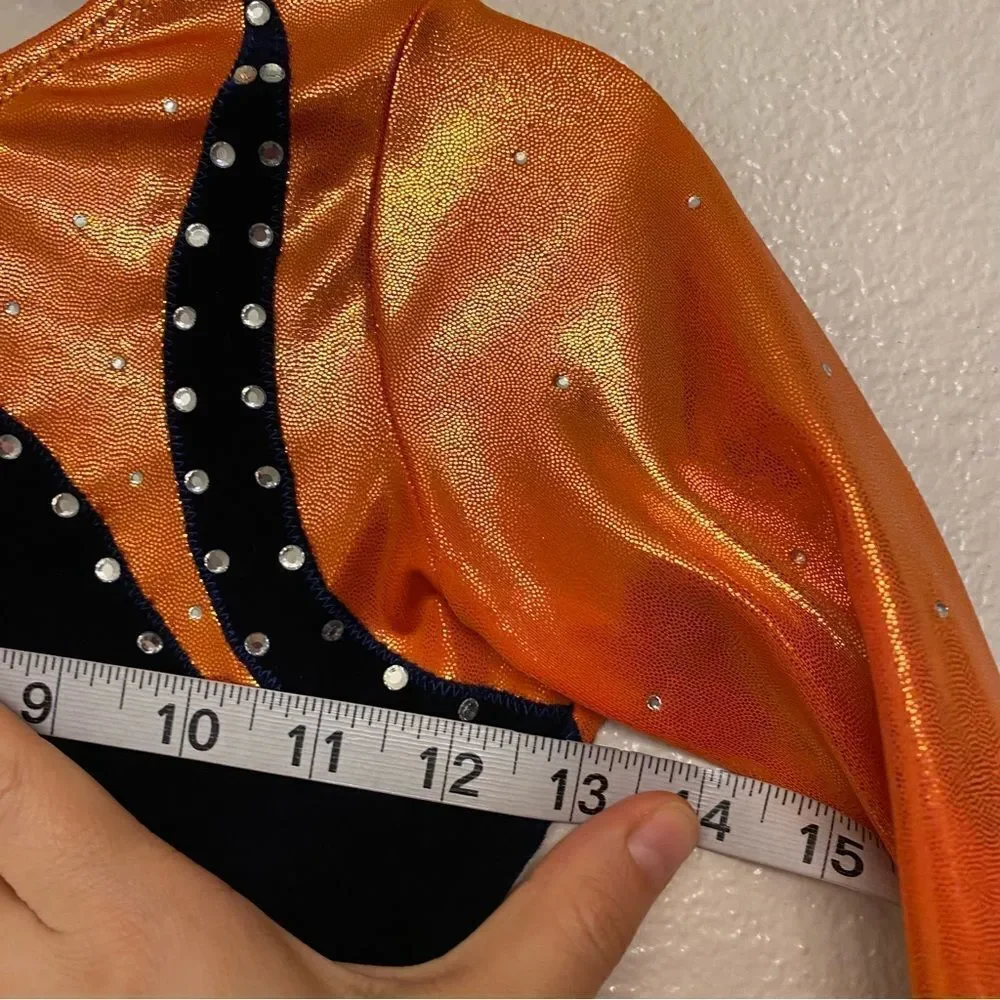 Alpha Factor Gymnastics Competition Leotard 3/4 rhinestone orange blue velvet CL